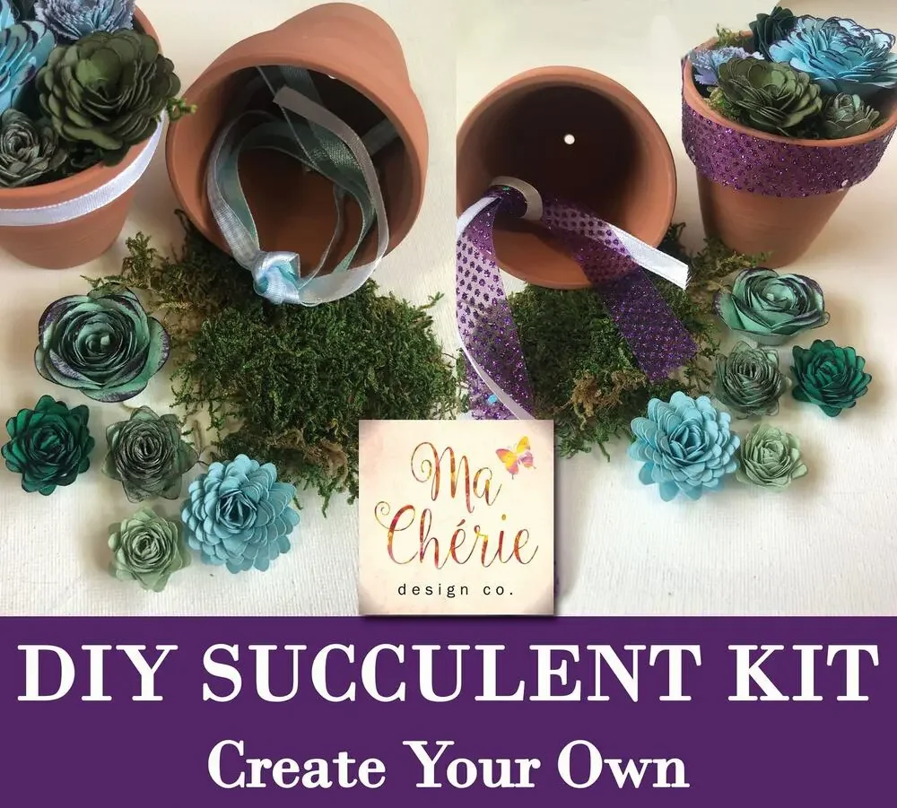 DIY Paper Succulent Craft Kit: Gold Leaf Clay Pot, Moss & Colorful Ribbons